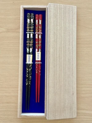 Japanese skinny Chopsticks Abalone Shell blk&red pair Gift set Foto 1 de 2
