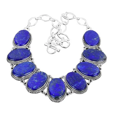 Valentines Sale 925 Silver Lapis Lazuli Stone Chain Bezel Vintage Boho Necklace - Image 1 of 4