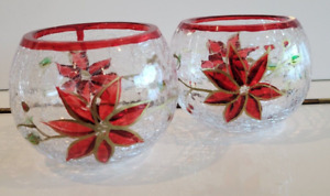 2 CRACKLE GLASS HOLIDAY CANDLE HOLDERS RUBY RED POINSETTIA  ROUND 3 INCHES