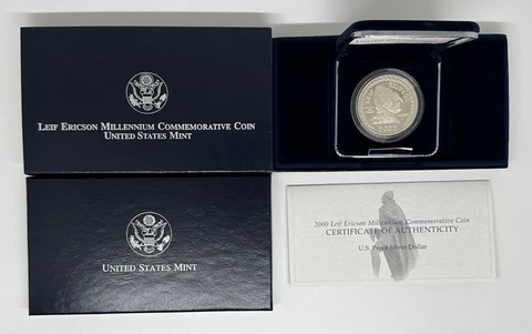2000 Leif Ericson Millennium Commemorative Proof Silver Dollar w/Box & COA Cover