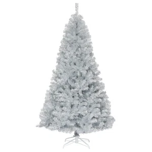7.5Ft Hinged Unlit Artificial Silver Tinsel Christmas Tree Holiday w/Metal Stand - Picture 1 of 11
