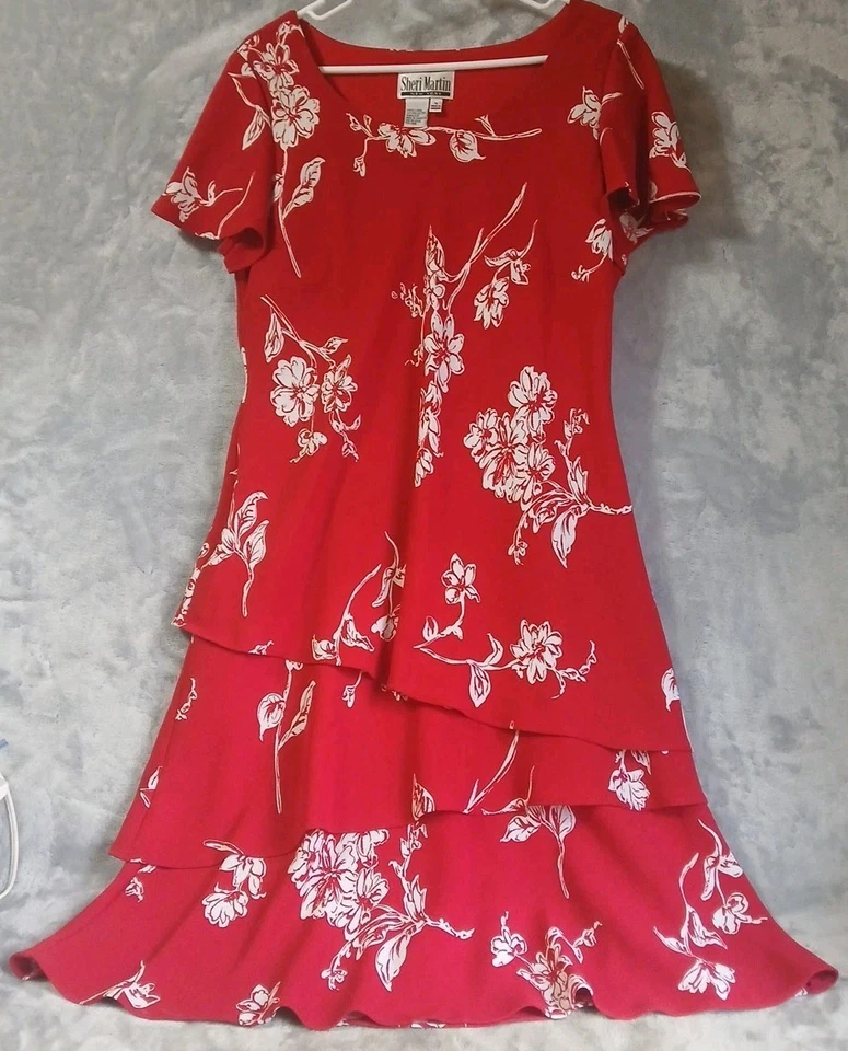 Vestido Sheri Martin NY 14 Rojo Blanco Floral Acampanado Largo Midi Forrado Foto 1 de 4