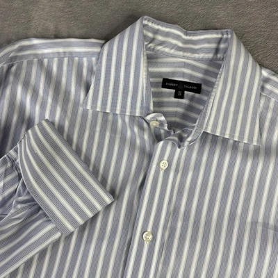 Camisa Robert Talbott Para Hombre 17 Azul Blanco Rayas Manga Larga Puño Francés Algodón Foto 1 de 4
