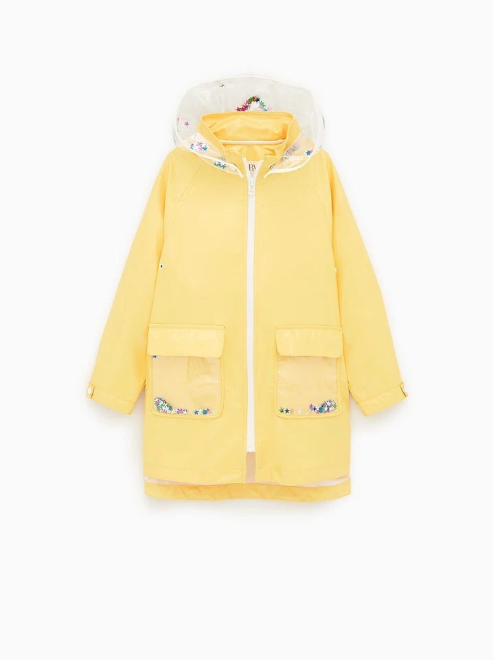 Lindo Abrigo de Lluvia Zara Impermeable Estrellas Lentejuelas Transparente Amarillo XS 6 Chaqueta Midi Foto 1 de 4