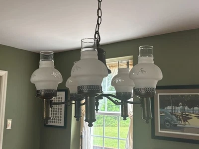 Vintage Bronze/Brass 5 Lighted Wired Chandelier- Colonial style - Image 1 of 4