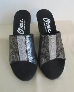 Onex "Danica" Black Metallic Paisley Silver Rhinestone Wedge Mules/Sandals 8 Pre - Picture 1 of 24