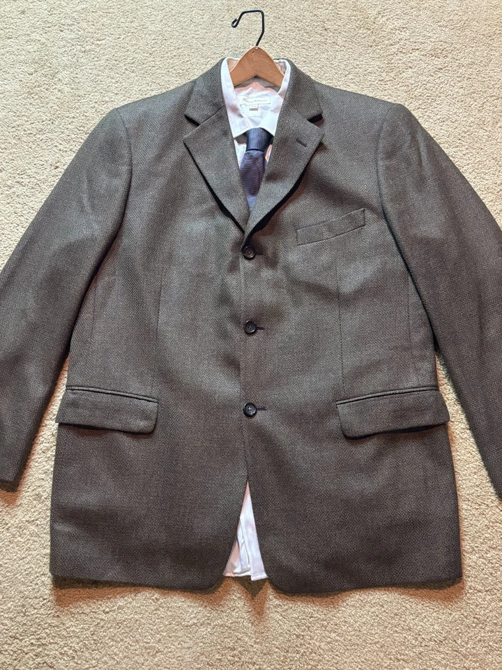 男式 Alan Flusser 波兰棕色斑点羊毛西装外套运动外套夹克 42R — 第 1/4 张图片