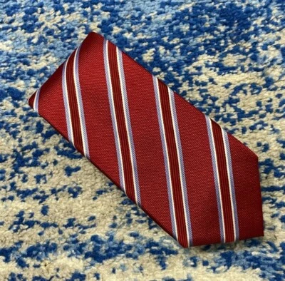Hathaway Deep Red Blue Silvery-White Black Bias Stripes Handmade Silk Necktie  - Image 1 of 4