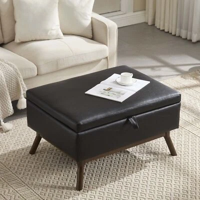 Black Wood Rectangle Storage Ottoman Coffee Table Shoe Bench With Wood Legs - Image 1 of 4