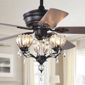 Garlow Black 5-blade Lighted Ceiling Fan Crystal Flower Cups Chandelier w Remote - Picture 1 of 9