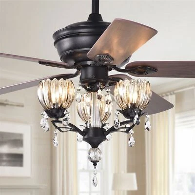 Garlow Black 5-blade Lighted Ceiling Fan Crystal Flower Cups Chandelier w Remote - Image 1 of 4