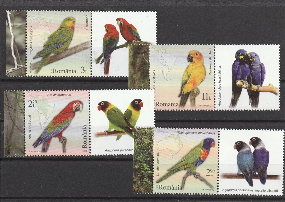 Rumania 2023 SELLOS LOROS PÁJAROS MNH POST SET ETIQUETAS Foto 1 de 1