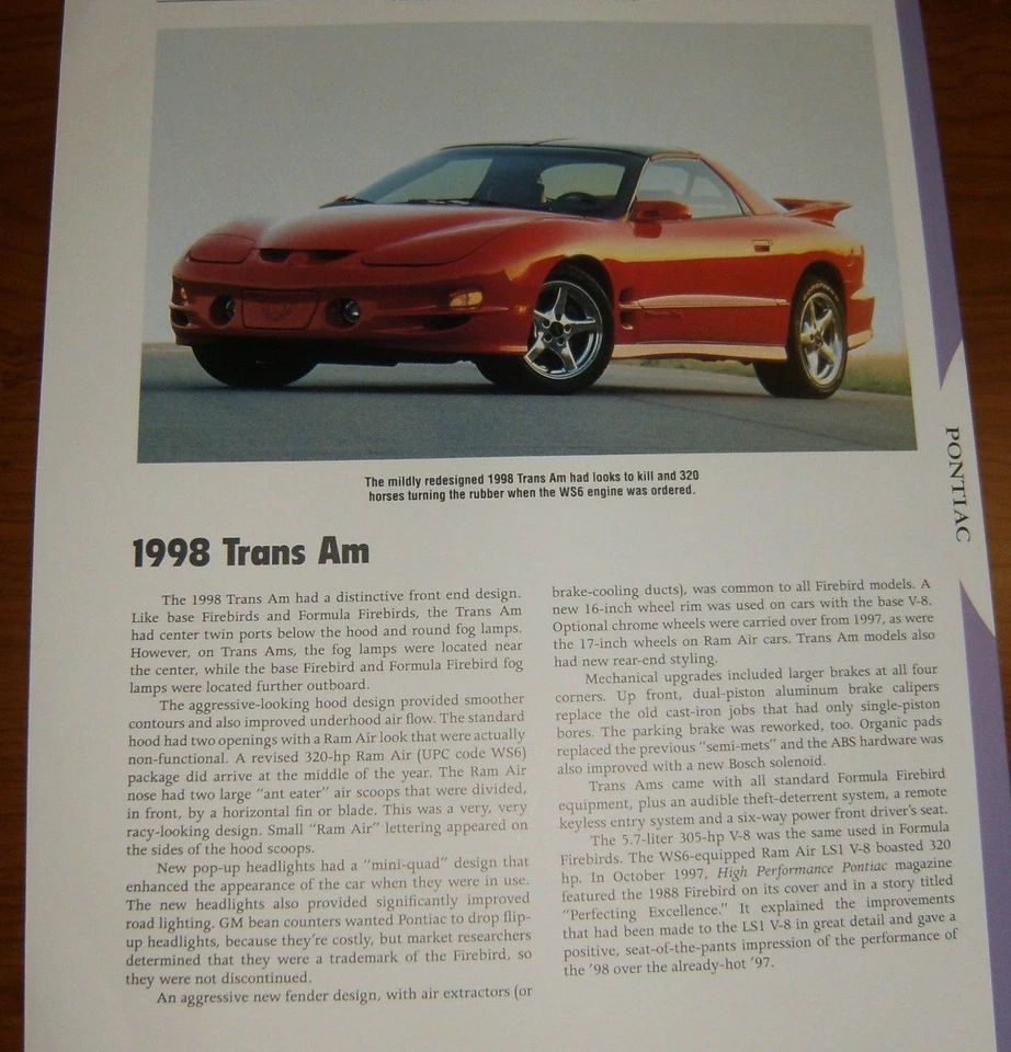 1998 Pontiac Trans Am WS6 спецификации информация фото 98 Firebird T/A TA - Изображение 1 из 1