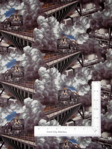 Trains Tracks Steam Locomotive Fabric Express Tracks Cotton Blank Textiles Yard - Picture 1 of 2