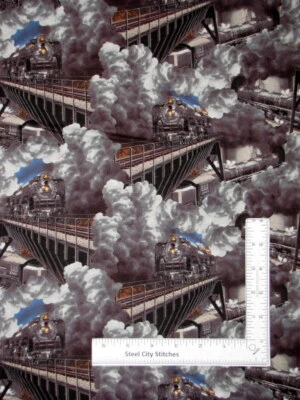 Trains Tracks Steam Locomotive Fabric Express Tracks Cotton Blank Textiles Yard - Image 1 of 2