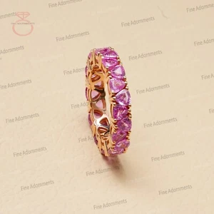 Anillo de boda de zafiro rosa natural de oro amarillo sólido de 14k con alianza de eternidad completa - Imagen 1 de 8