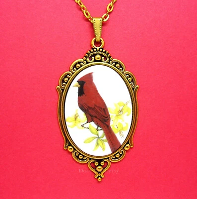 Collar Colgante Porcelana Pájaro Rojo CARDENAL CAMAFEO Bisutería ANTQ Tono Dorado Foto 1 de 2