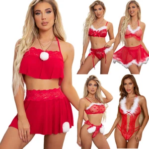 Women's Red Christmas Lingerie Santa Lace Sleepwear Babydoll Nighties Xmas Gift - Picture 1 of 56