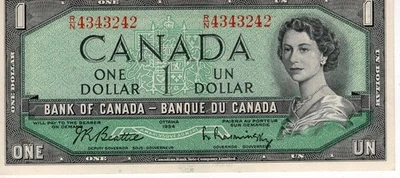 Bank of Canada 1954 $1 One Dollar Beattie-Rasminsky R/N Prefix AU+ - Image 1 of 2