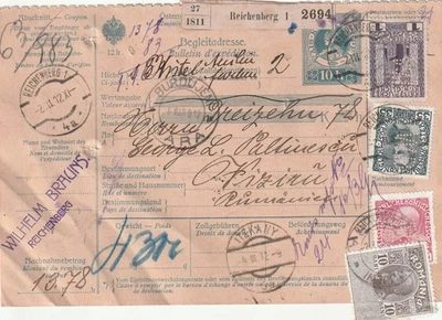 AUSTRIA CHEQUIA - 1912 PAQUETE CORREO A RUMANIA REICHBERG LIBEREC PERFIN INGRESOS Foto 1 de 2