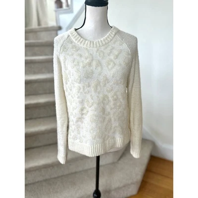 Suéter Blanco+Warren Crema Estampado Leopardo Cuero Borde Mezcla Lana Foto 1 de 4