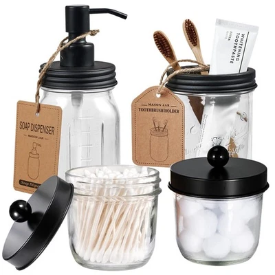 Juego de accesorios de baño Mason Jar 4 piezas loción dispensador de jabón algodón hisopo Hol Foto 1 de 4