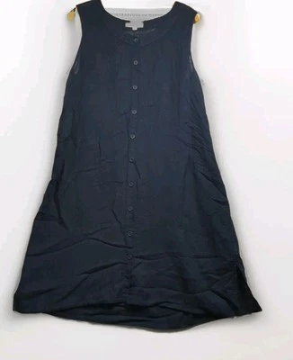FLAX Linen Cotton Scoop Neck Dress Size S Navy Blue Button Up Semi-Sheer - Image 1 of 4