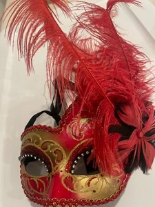 Venetian MardiGrass Red Glitter Masquerade Side Red Feather - Picture 1 of 6