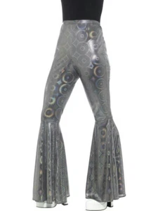 Silver Shiny Psychedelic Flared Trousers Elastic Waist Sz M/L Costume Accessory - Picture 1 of 1