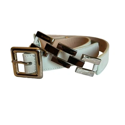 TALBOTS Womens Size Medium Ecru Off White Genuine Leather Belt Silver Links - Image 1 of 4