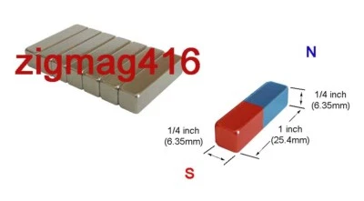 ZIGMYSTER MAGNETS 1" x 1/4" x 1/4" thick, N52, Rare Earth, Neodymium Block Magnet - 10pcs B/P