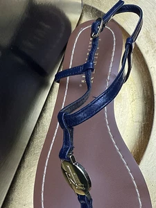 Ralph Lauren Navy Blue Gold Accents Leather Thong Sandals Sz 5.5B VTG NEW! - Picture 1 of 16