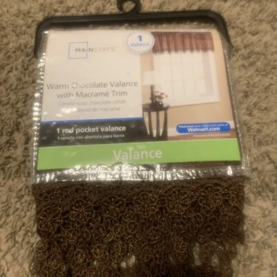 NEW Mainstays  New Brown Valance with Macrame Trim Rod Pocket/Window/50 In W - Imagem 1 de 3