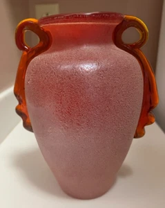 Vintage Bulbous Vase Red Scavo Glass Murano Amberina Handles 7.25” - Picture 1 of 13