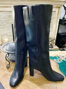 Schwarze kniehohe Stiefel Größe 10 Absatz 3 Zoll seitlicher Reißverschluss Zeheneckig mit Etikett - Bild 1 von 9