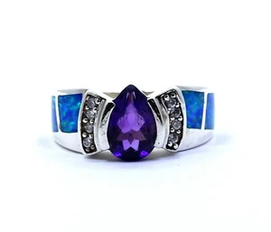 AK ANNE KLEIN Purple AMETHYST Inlaid Lab OPAL 925 Sterling Silver Ring 7-1/2 - Picture 1 of 6