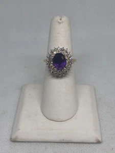 14K TWO TONE GOLD AMETHYST & DIAMOND RING SIZE 8.25" - VTG - Picture 1 of 7