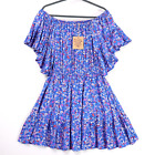 New Dreamcatcher Mini Swing Dress Size 12 Blue Floral Flutter Sleeve Wing Rayon