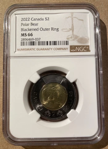 2022 Canada Polar Bear Blackened Outer Ring $2 NGC MS 66 - QE II Memorial Coin! Cover