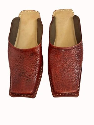 Mens Genuine Brown Leather Handmade Indian Dotted Mules Square Clogs Shoes - Image 1 of 4