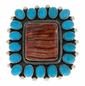 Red Spiny Oyster Statement Ring With Natural Sleeping Beauty Turquoise Surround - Picture 1 of 4