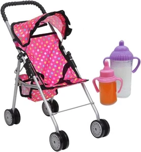 Baby Puppenwagen Kinderwagen Buggy Rosa Mädchen Junior Kinderwagen Spielzeug mit Zauberflaschen - Bild 1 von 8