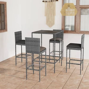 5 Piece Garden Bar Set with Cushions Poly Rattan Grey K2O0 - Picture 1 of 12