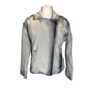 Mango Ladies Denim Biker Jacket Grey Blue Bleached Size Medium Distressed - Picture 1 of 13