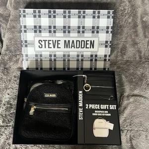 NEW Steve Madden Purse Black Sherpa Mini Backpack Card Case Set Gift Box - Picture 1 of 4