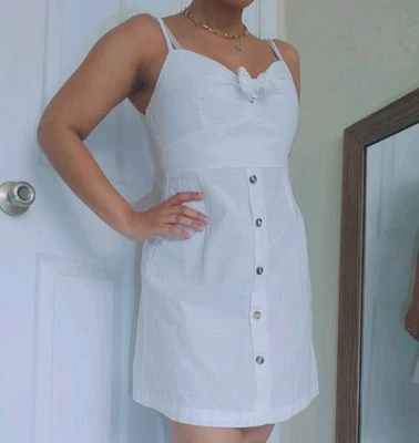 Derek Heart Size Small White Strappy Fit And Flare 100% Cotton Button Mini Dress - Image 1 of 4