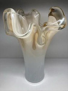 Large Murano Italy w/ Sticker Art Glass Swirled White Gold Handkerchief Vase 11” - Picture 1 of 17