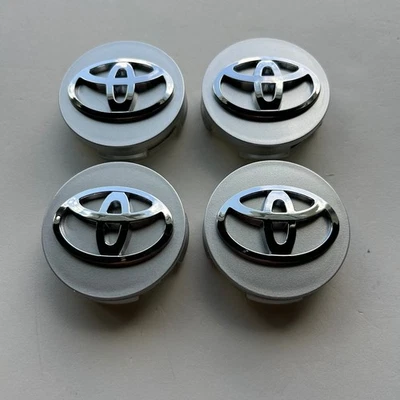 Toyota Camry Sienna Highlander Silver Wheel Center Caps with Bold Chrome Logo - Image 1 of 4
