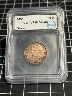 1835 Classic Head Half Cent 1/2c ICG VF30 Details Cleaned - Image 1 of 2
