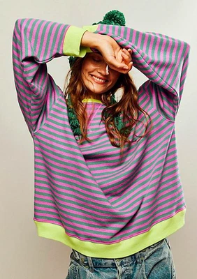 全新 Free People 绿色粉红色经典条纹加宽圆领运动衫 尺寸 S — 第 1/4 张图片